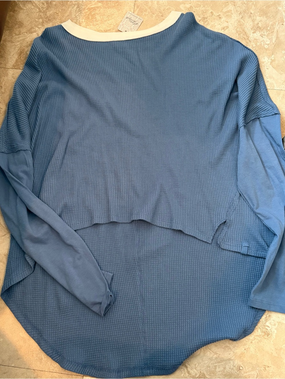 We The Free Blue Long Sleeve Layered Waffle Knit Top with Cream Trim